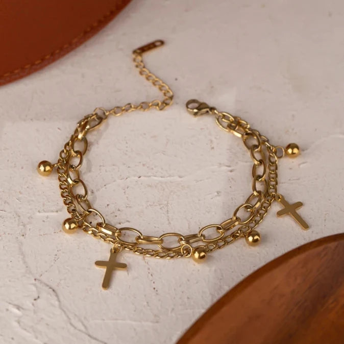 Pulseira Dupla Cruz e Esferas