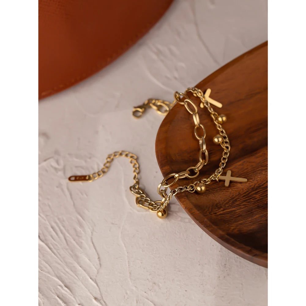 Pulseira Dupla Cruz e Esferas