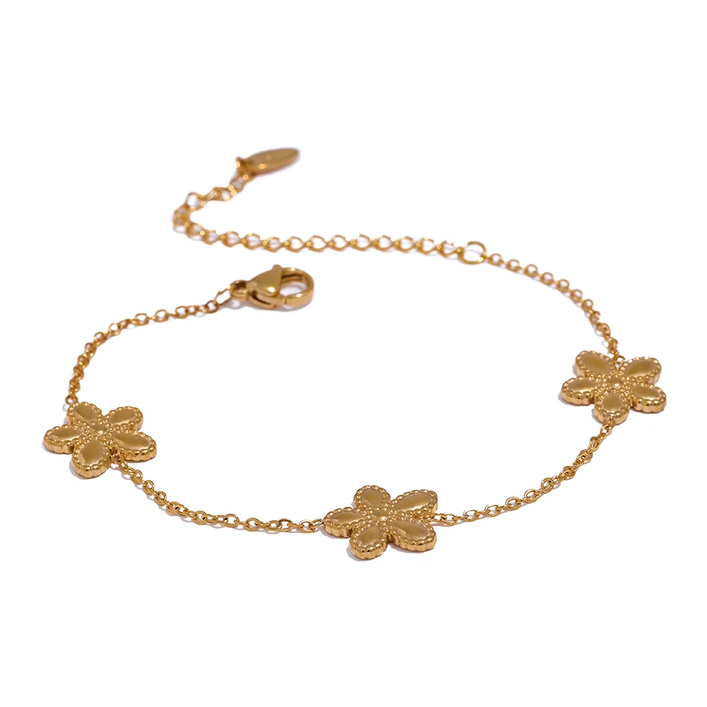 Pulseira 3 Flores Delicadas Ouro 18k