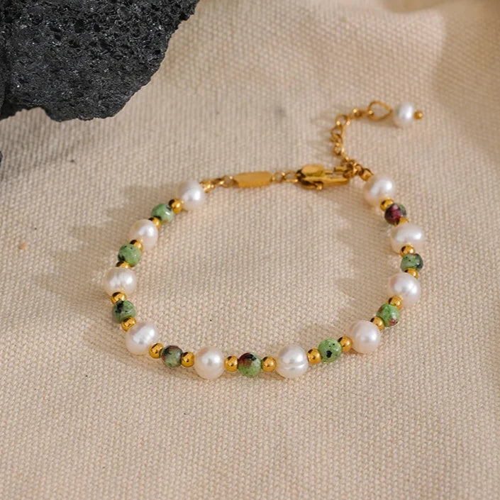 Pulseira Perola e Pedras Naturais em Ouro 18k