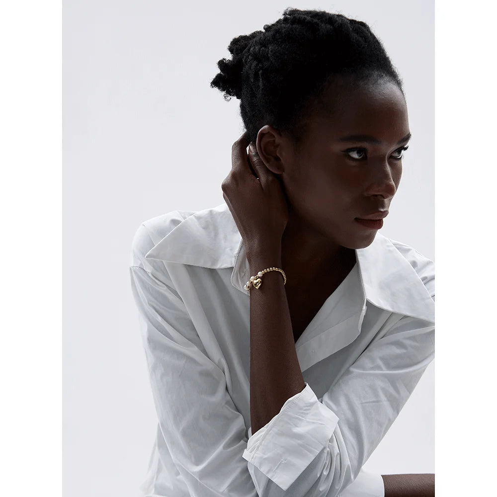 Pulseira Coração e Pérolas Corrente Esferas