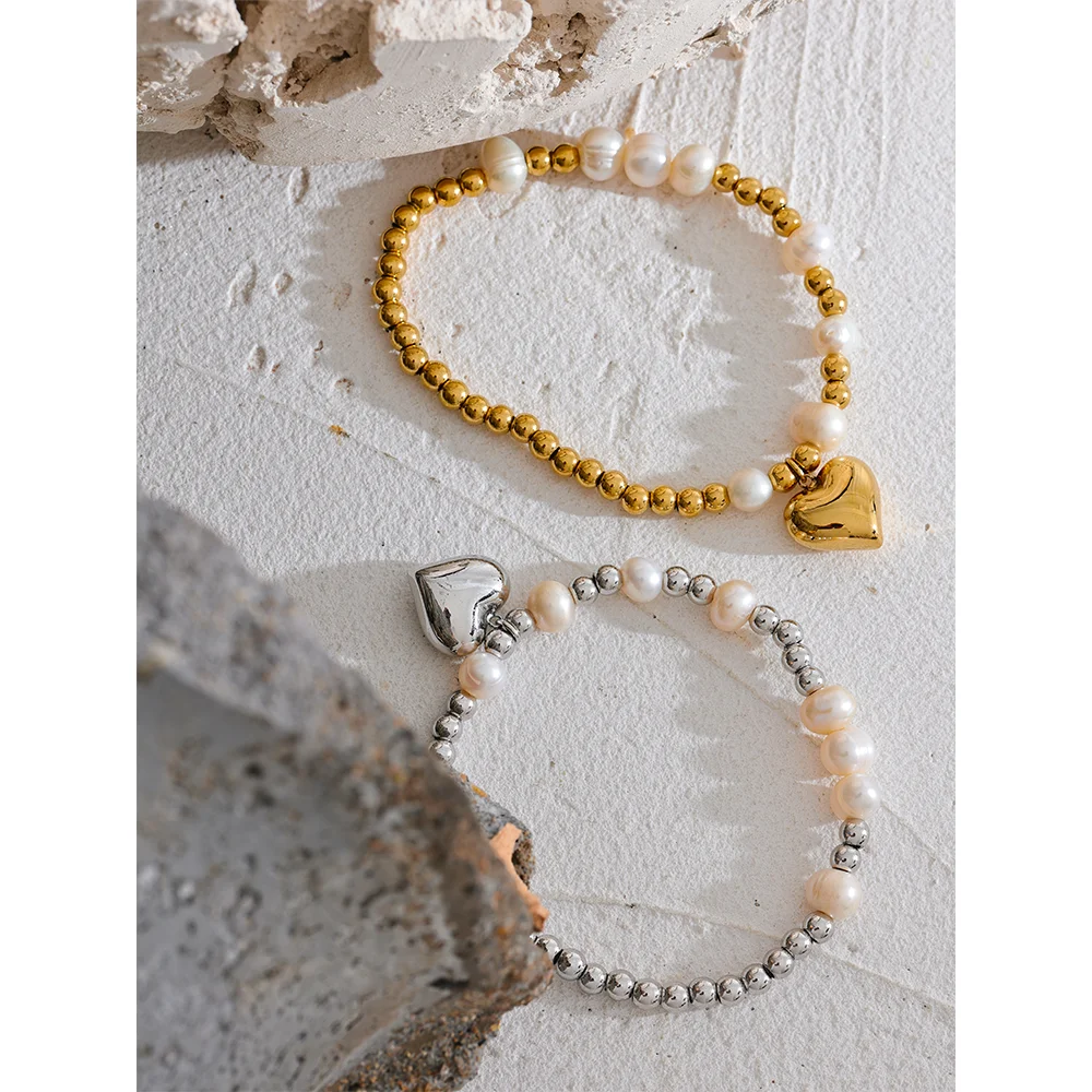 Pulseira Coração e Pérolas Corrente Esferas