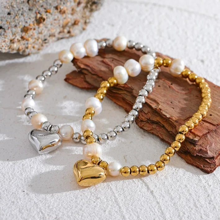 Pulseira Coração e Pérolas Corrente Esferas