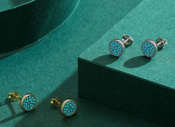 Brinco Pontos Turquesa Redondo em Prata 925