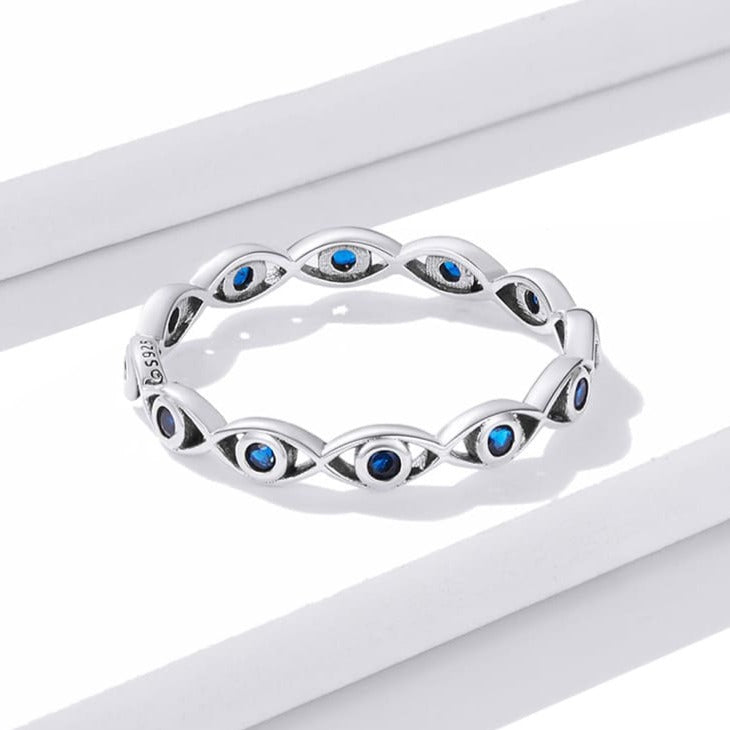 Anel Olho Grego em Prata 925 e Zircônia Azul