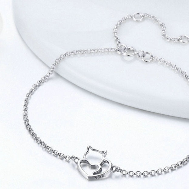 Pulseira Gatinho Coração em Prata 925
