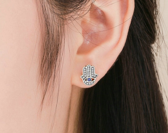 Brinco Mão de Fátima Olho Grego em Prata 925