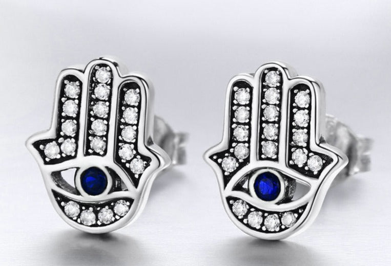 Brinco Mão de Fátima Olho Grego em Prata 925