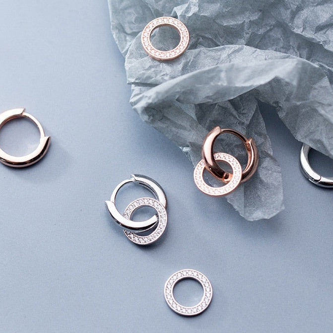 Brinco Dupla Argola Cravejado em Prata 925