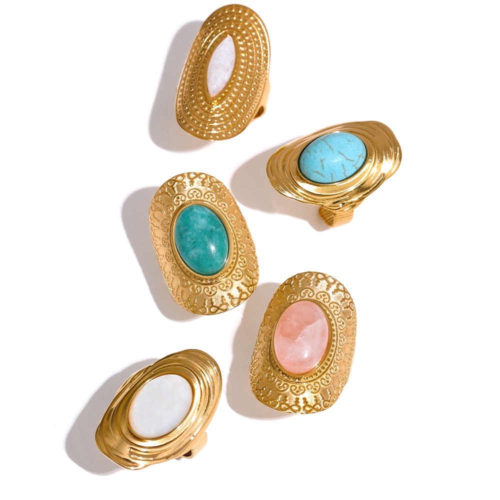 Anel Ajustável Hiperbólico Pedras Naturais em Ouro