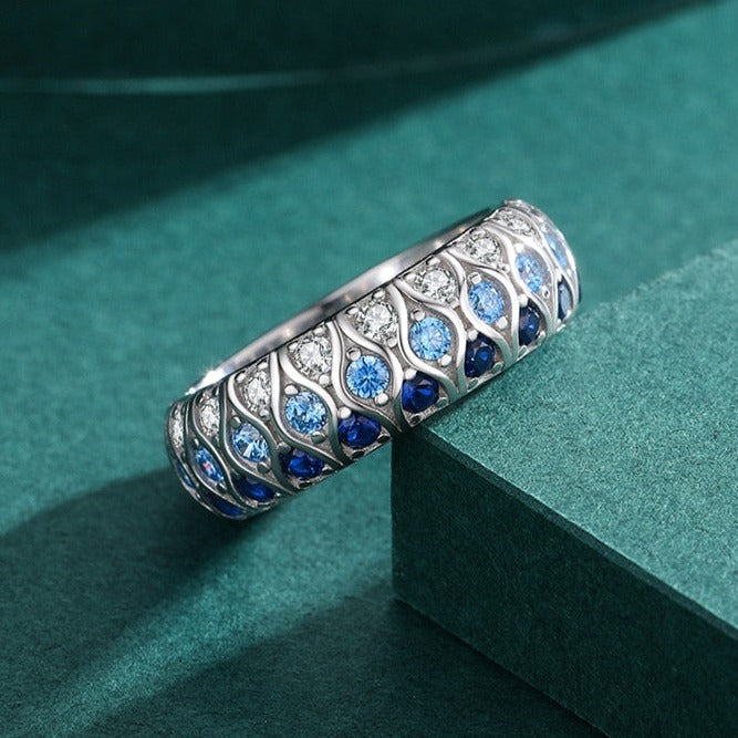 Anel Zircônia Azul Degradê em Prata 925