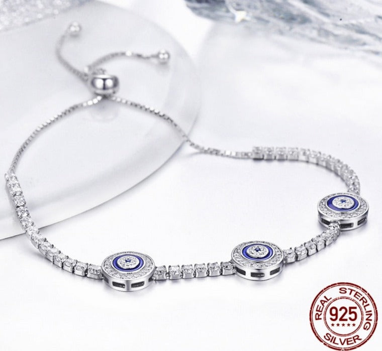 Pulseira Ajustável Olho Greto Triplo em Prata 925