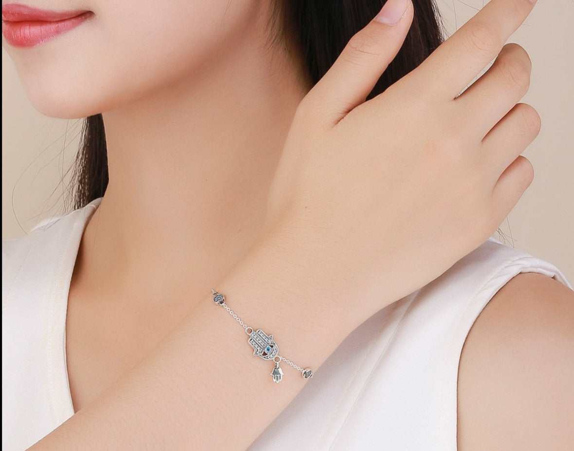 Pulseira Mão de Fátima Olho Grego Zircônia em Prata 925