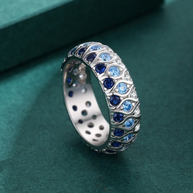 Anel Zircônia Azul Degradê em Prata 925