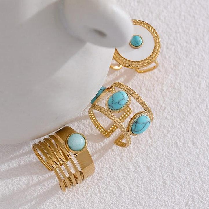 Anéis Ajustáveis Mar Azul Pedra Natural em Ouro