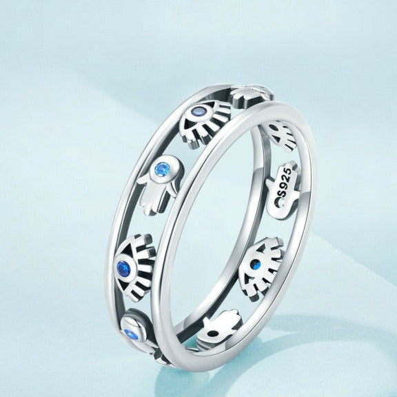 Anel Olho Grego Mão de Fátima em Prata 925