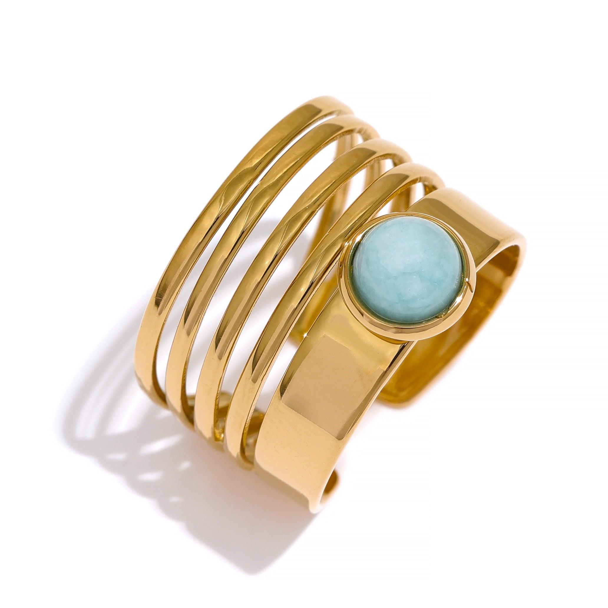 Anéis Ajustáveis Mar Azul Pedra Natural em Ouro