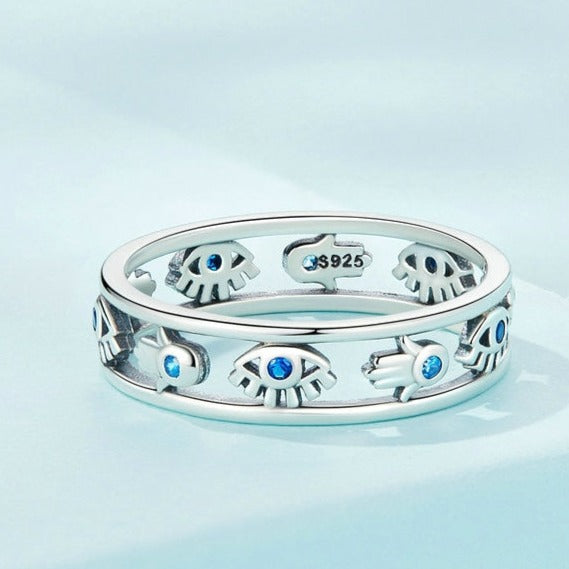 Anel Olho Grego Mão de Fátima em Prata 925