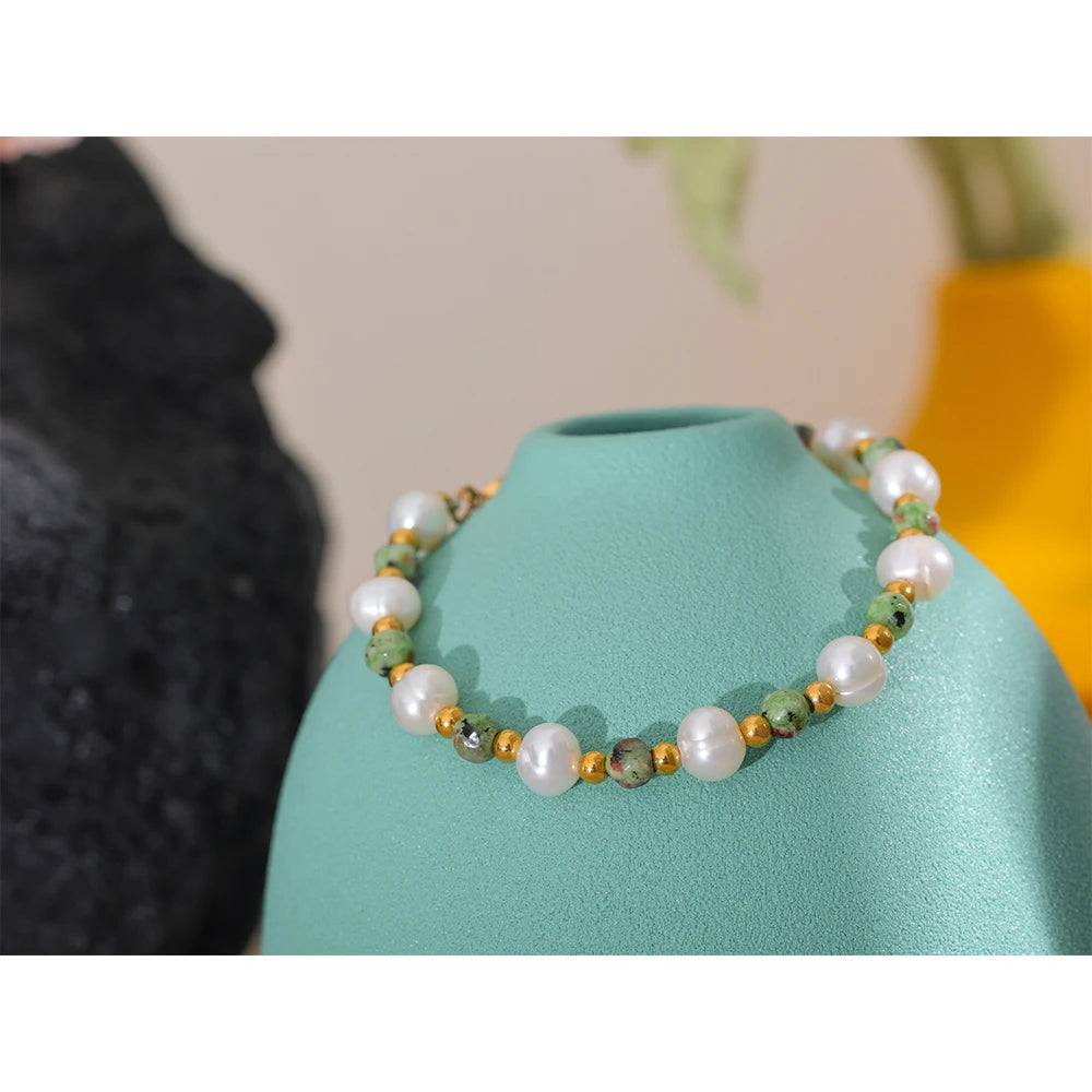 Pulseira Perola e Pedras Naturais em Ouro 18k